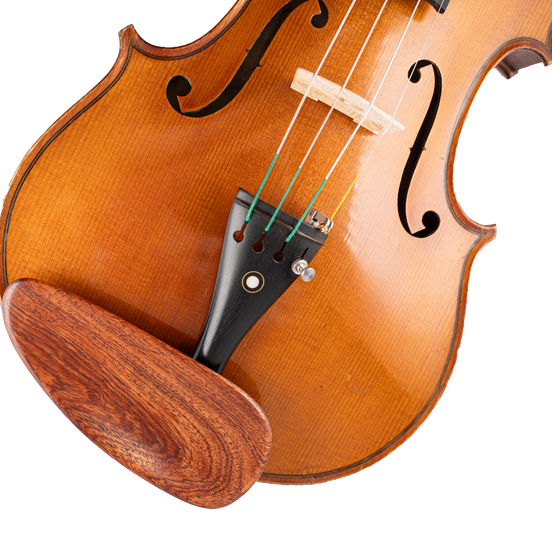 Close-up of a violin's body and bowing mechanism on a white background